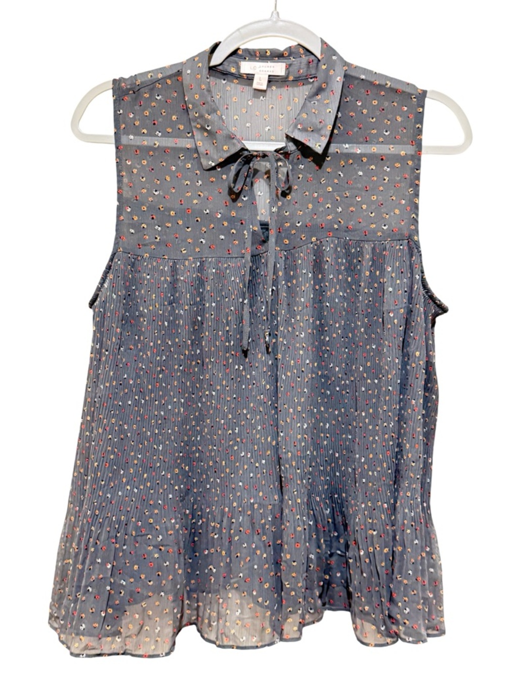 Adorable LC Lauren Conrad Grey Ladybug Sleeveless Tie-Neck Pleated Blouse